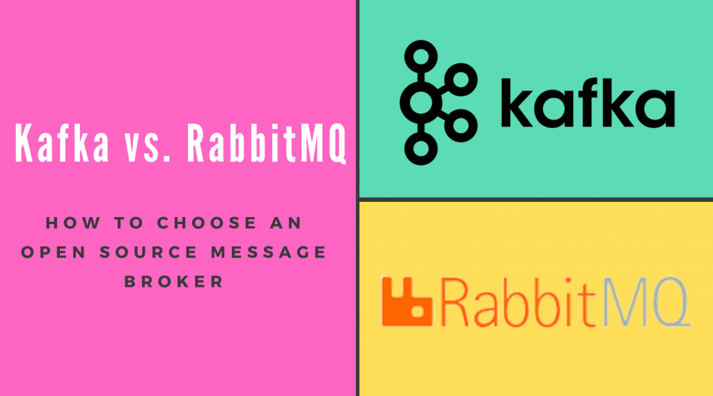 The image reads, "Kafka vs. RabbitMQ How to choose an open source message broker" and contains logos for both Kafka and RabbitMQ.