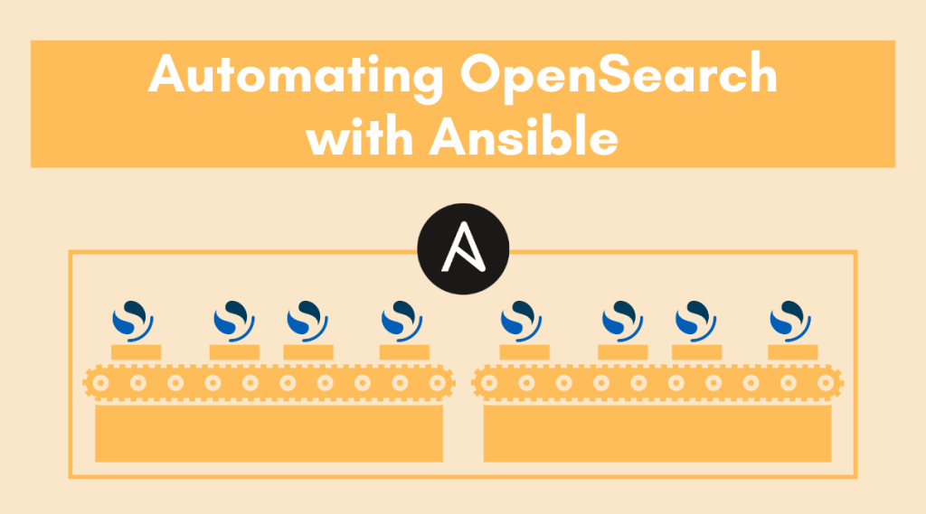 Automating OpenSearch with Ansible - image has beige background with a conveyor belt and Ansible / OpenSearch logos.